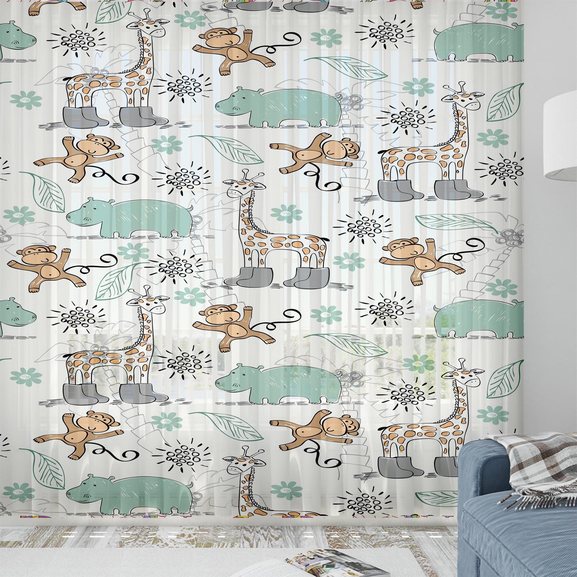 Sheer Woodland Animal Curtain for Kids Room – Monkey Giraffe Hippo Nursery Net Voile, Lightweight & Machine Washable - Matching Accessories