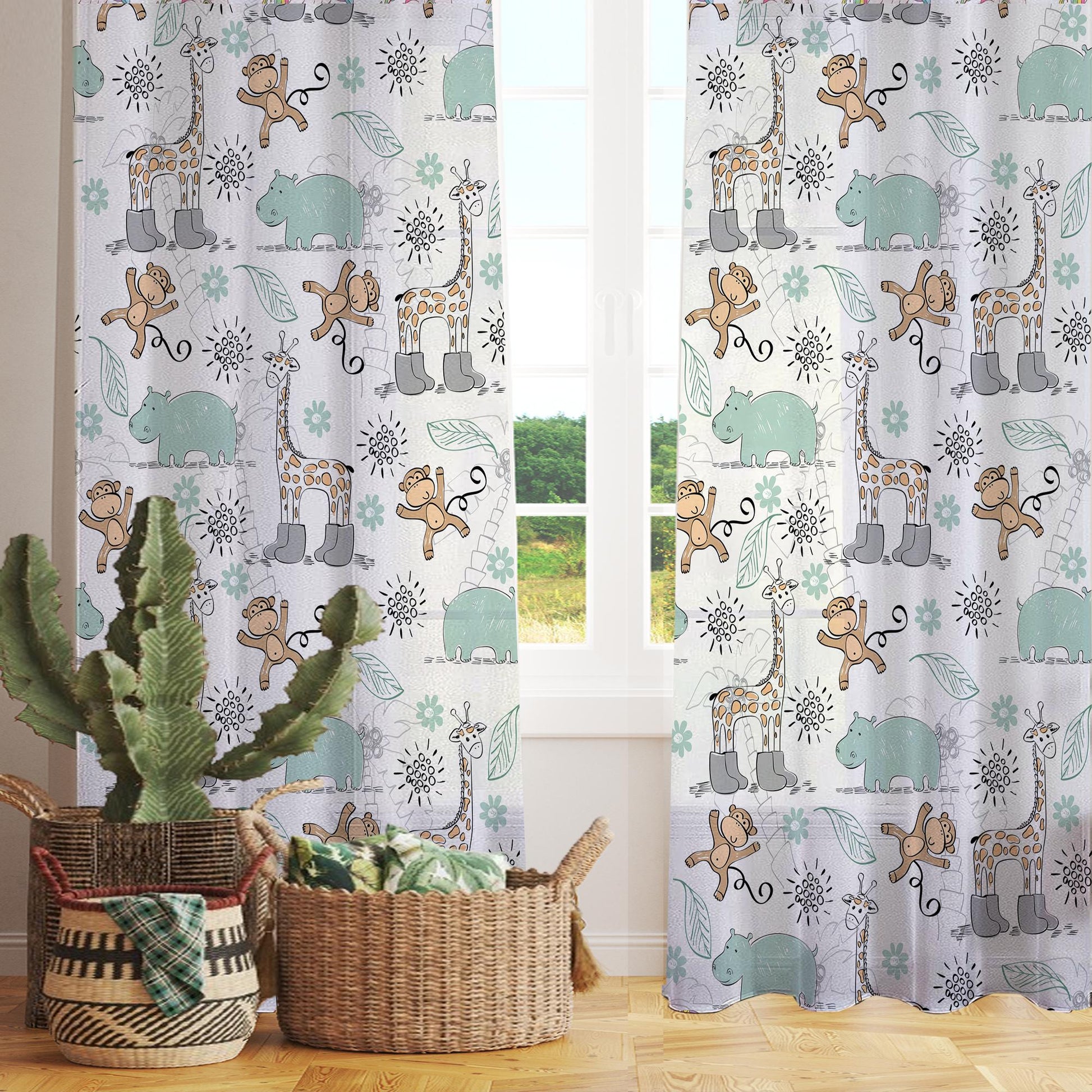 Sheer Woodland Animal Curtain for Kids Room – Monkey Giraffe Hippo Nursery Net Voile, Lightweight & Machine Washable - Matching Accessories
