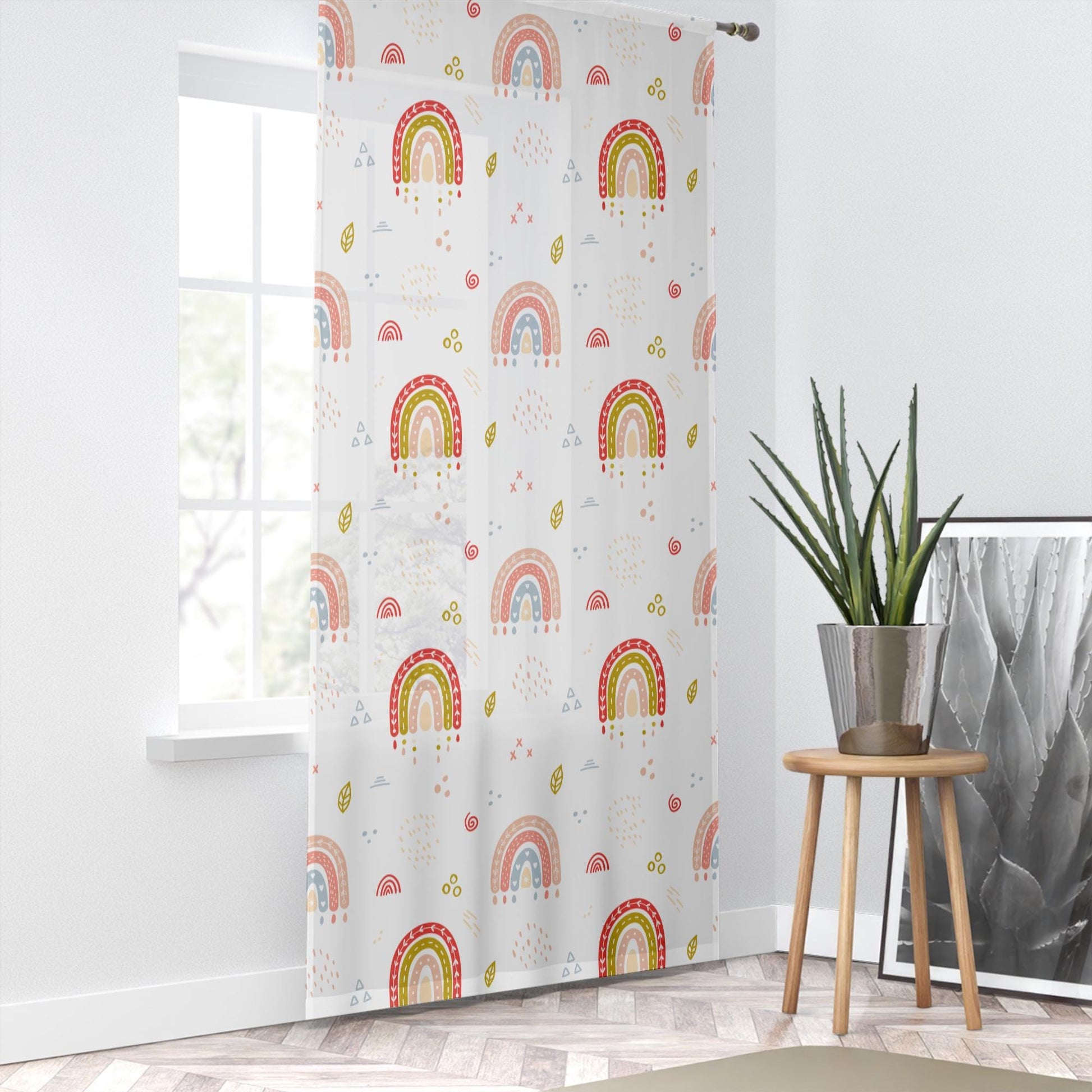 Sheer Cute Rainbow Curtain for Girls Kids Room – Bohemian Nursery Net Voile, Lightweight & Machine Washable - Matching Accessories