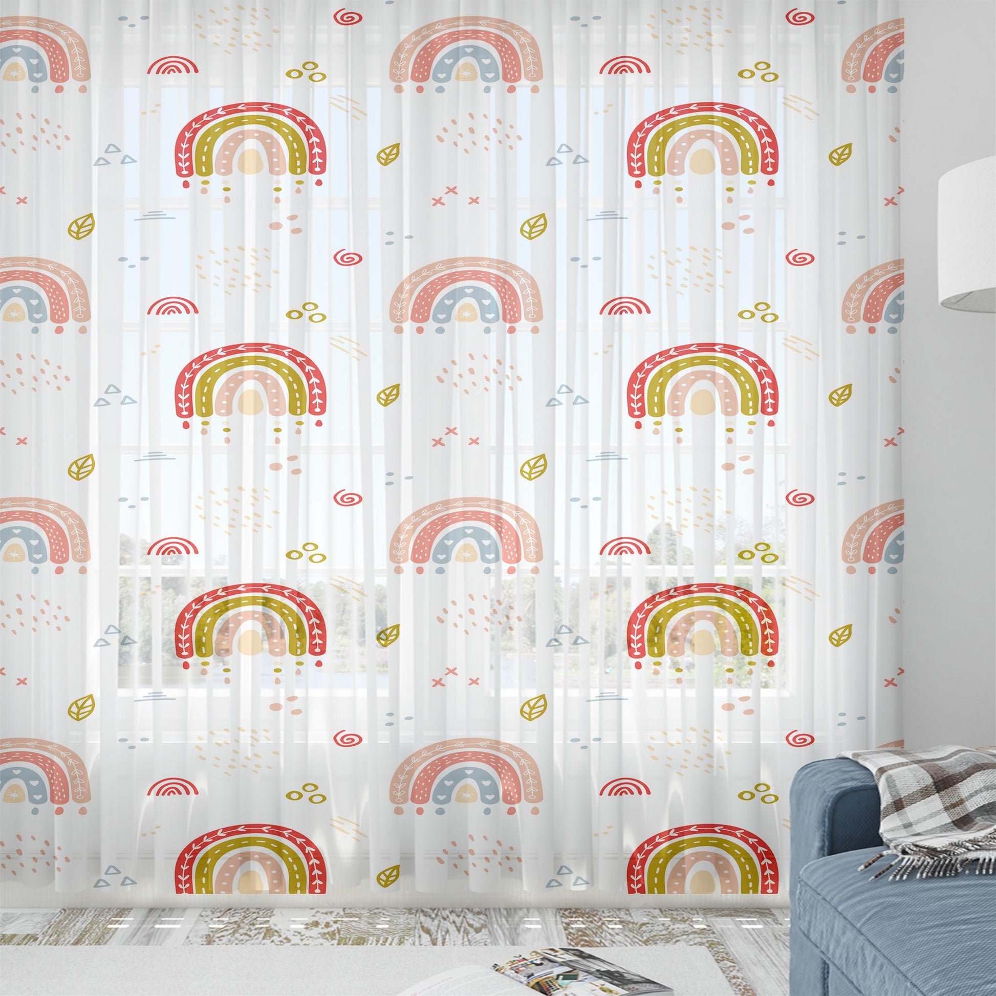 Sheer Cute Rainbow Curtain for Girls Kids Room – Bohemian Nursery Net Voile, Lightweight & Machine Washable - Matching Accessories