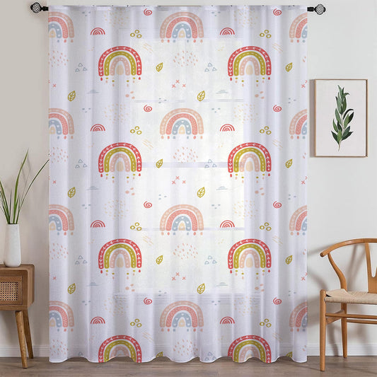 Sheer Cute Rainbow Curtain for Girls Kids Room – Bohemian Nursery Net Voile, Lightweight & Machine Washable - Matching Accessories
