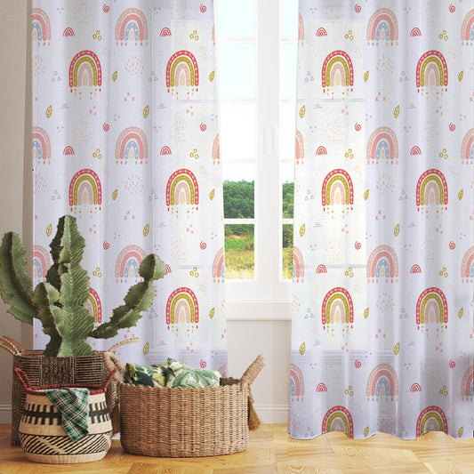 Sheer Cute Rainbow Curtain for Girls Kids Room – Bohemian Nursery Net Voile, Lightweight & Machine Washable - Matching Accessories
