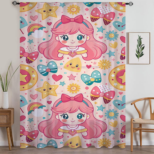 Sheer Cute Pink Princess Curtain for Girls Kids Room – Colorful Nursery Net Voile, Lightweight & Machine Washable - Matching Accessories