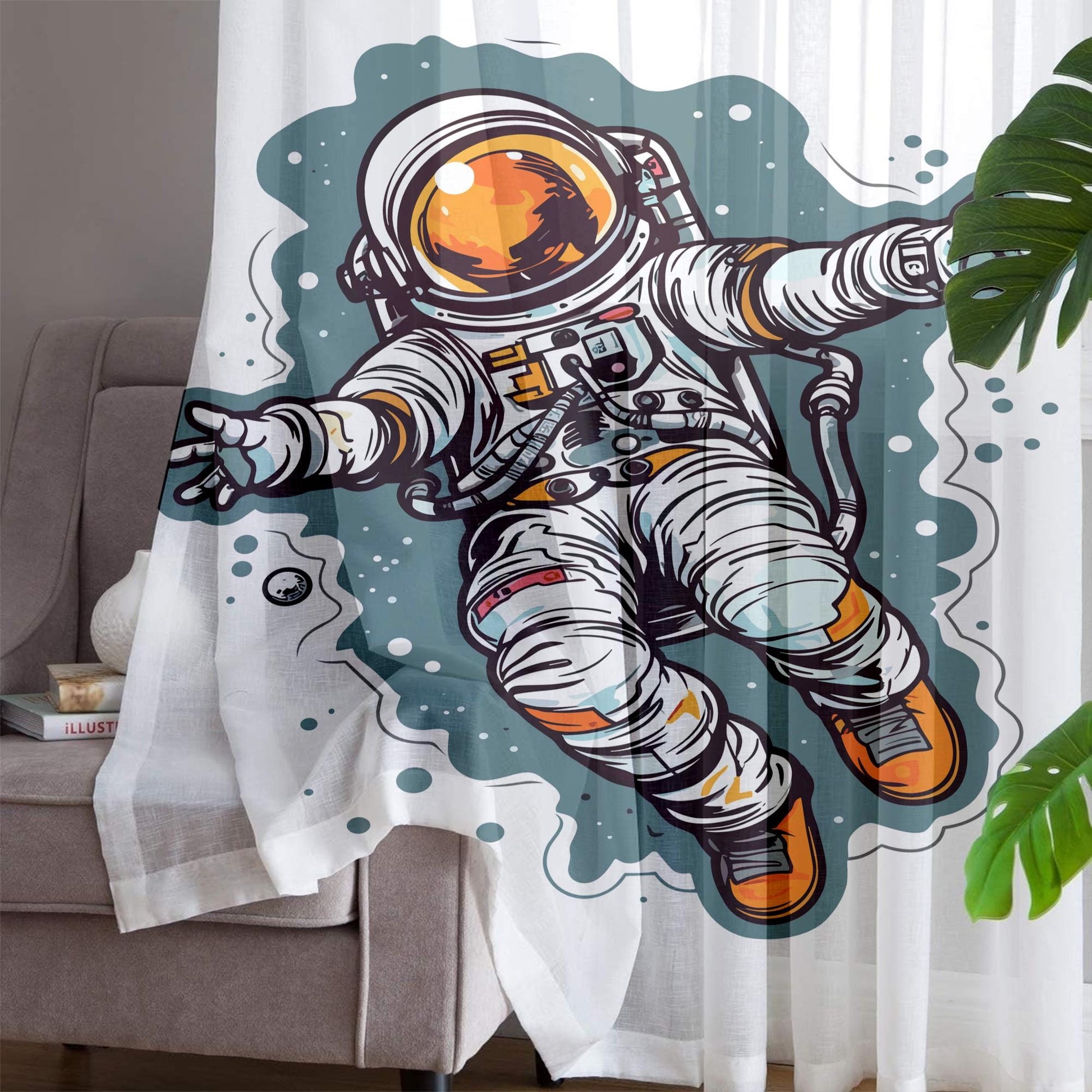 Astronaut Space Sheer Curtain for Kids Room –Boys Nursery Net Voile, Lightweight & Machine Washable - Matching Accessories