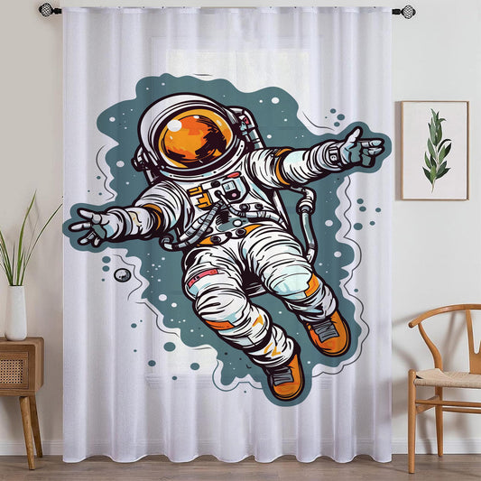Astronaut Space Sheer Curtain for Kids Room –Boys Nursery Net Voile, Lightweight & Machine Washable - Matching Accessories