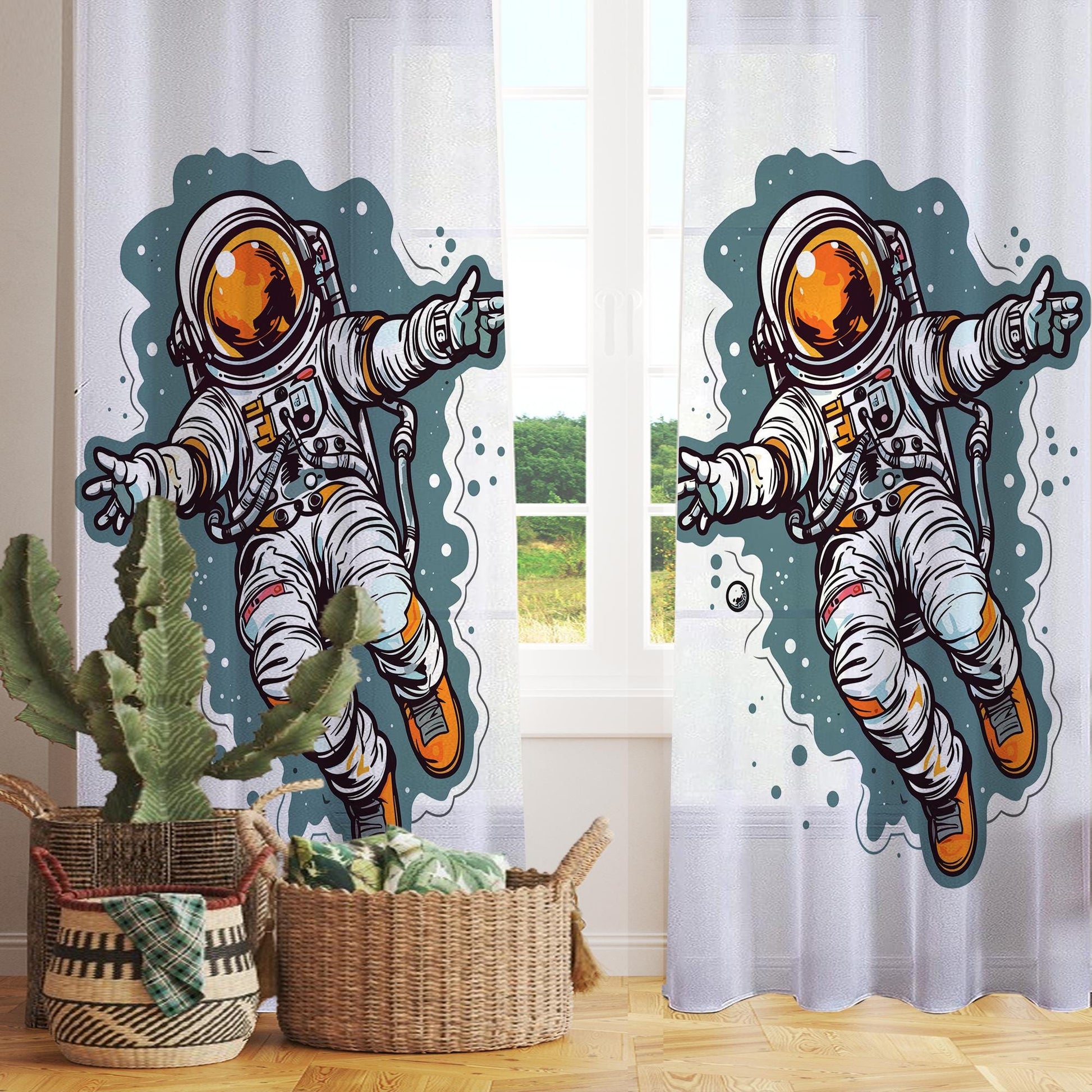Astronaut Space Sheer Curtain for Kids Room –Boys Nursery Net Voile, Lightweight & Machine Washable - Matching Accessories