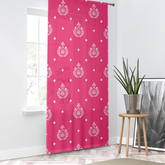 Pink White Damask Sheer Curtain for Kids Room –Girls Nursery Net Voile, Lightweight & Machine Washable - Matching Accessories