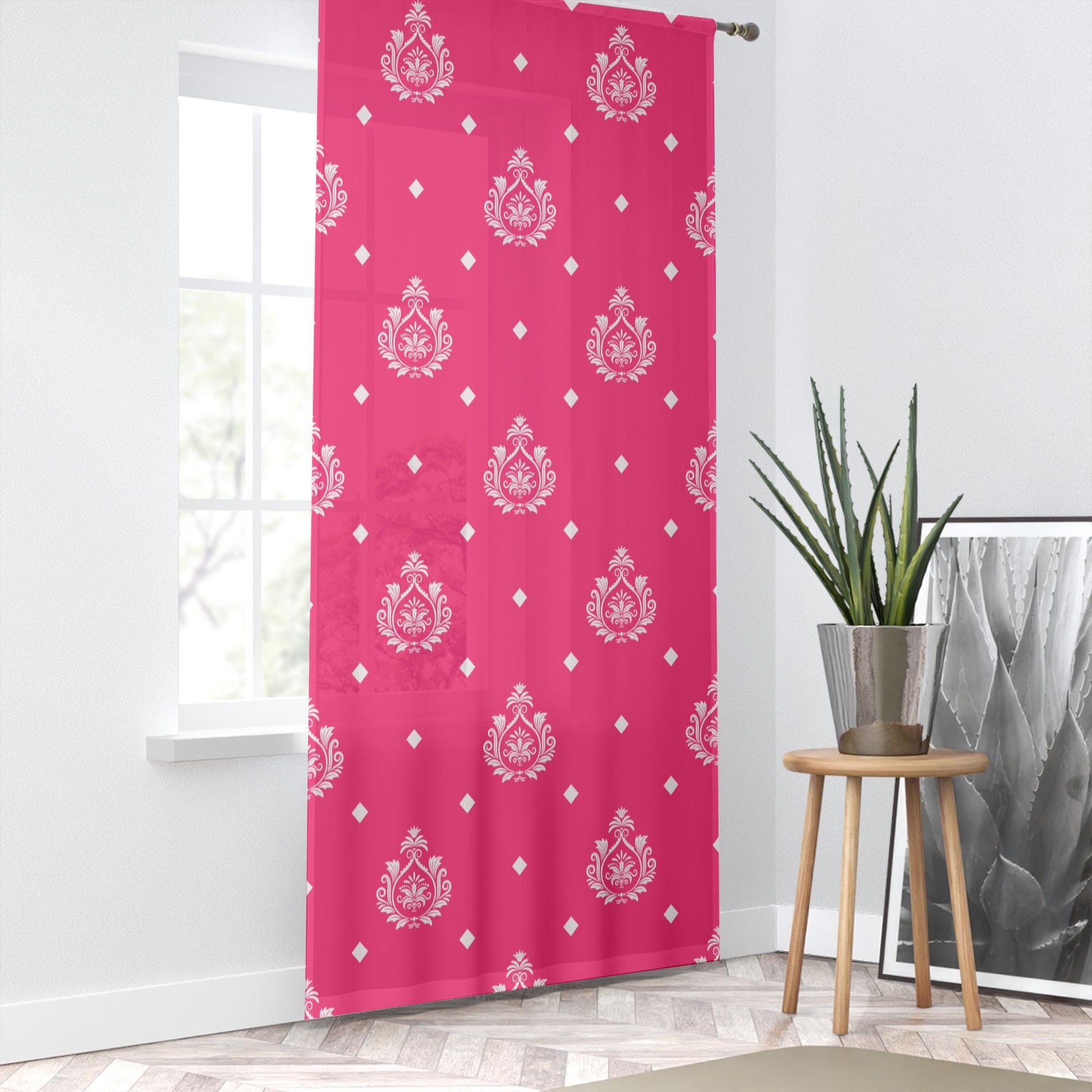 Pink White Damask Sheer Curtain for Kids Room –Girls Nursery Net Voile, Lightweight & Machine Washable - Matching Accessories