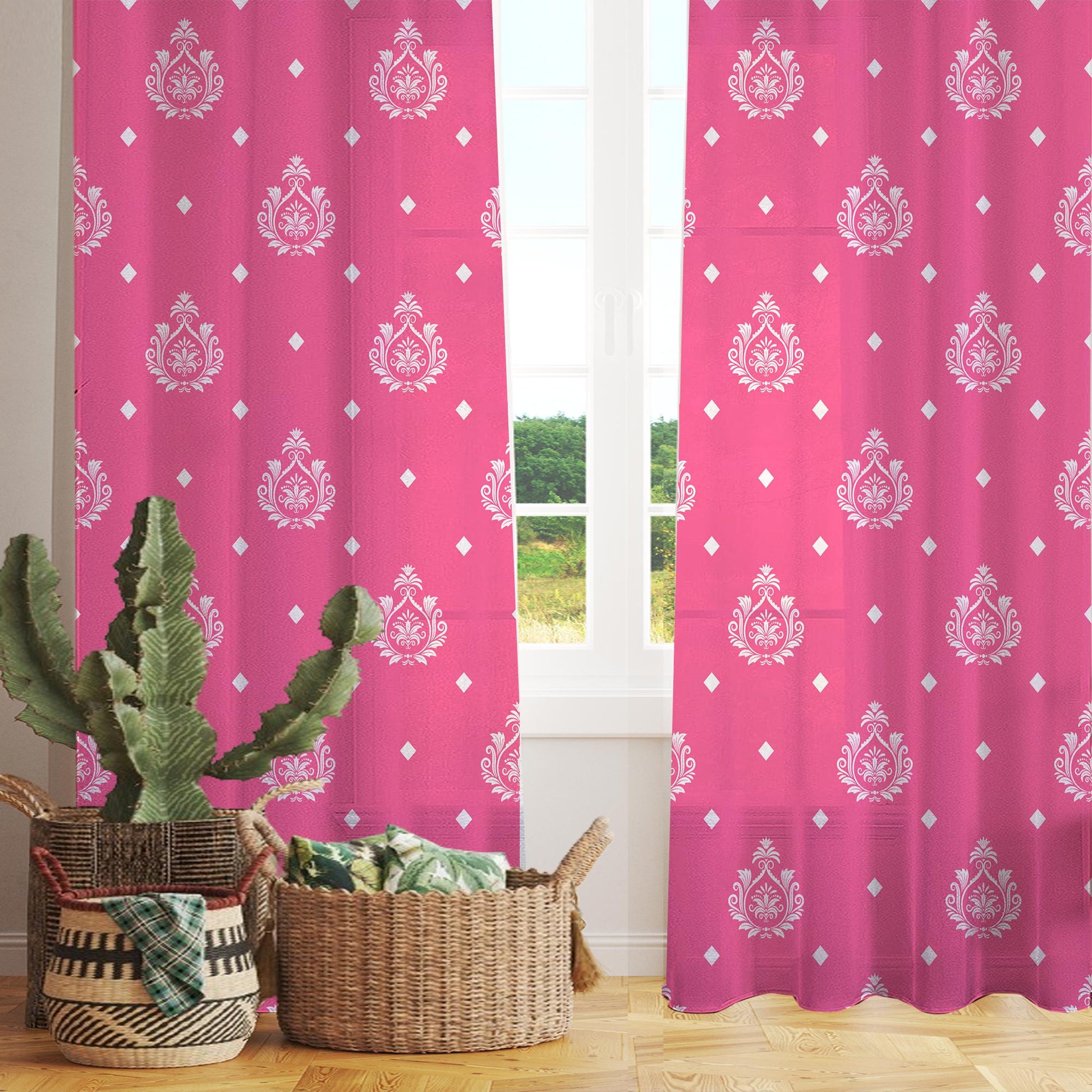 Pink White Damask Sheer Curtain for Kids Room –Girls Nursery Net Voile, Lightweight & Machine Washable - Matching Accessories