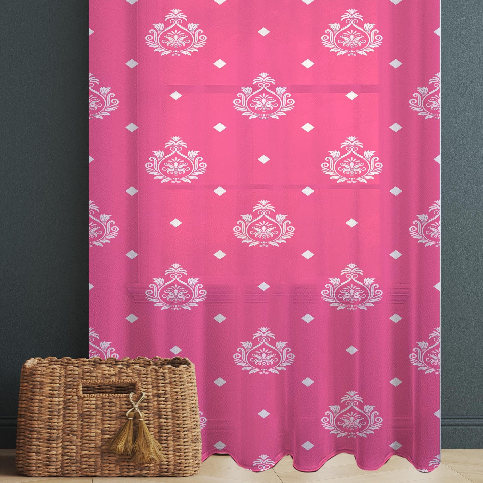 Pink White Damask Sheer Curtain for Kids Room –Girls Nursery Net Voile, Lightweight & Machine Washable - Matching Accessories