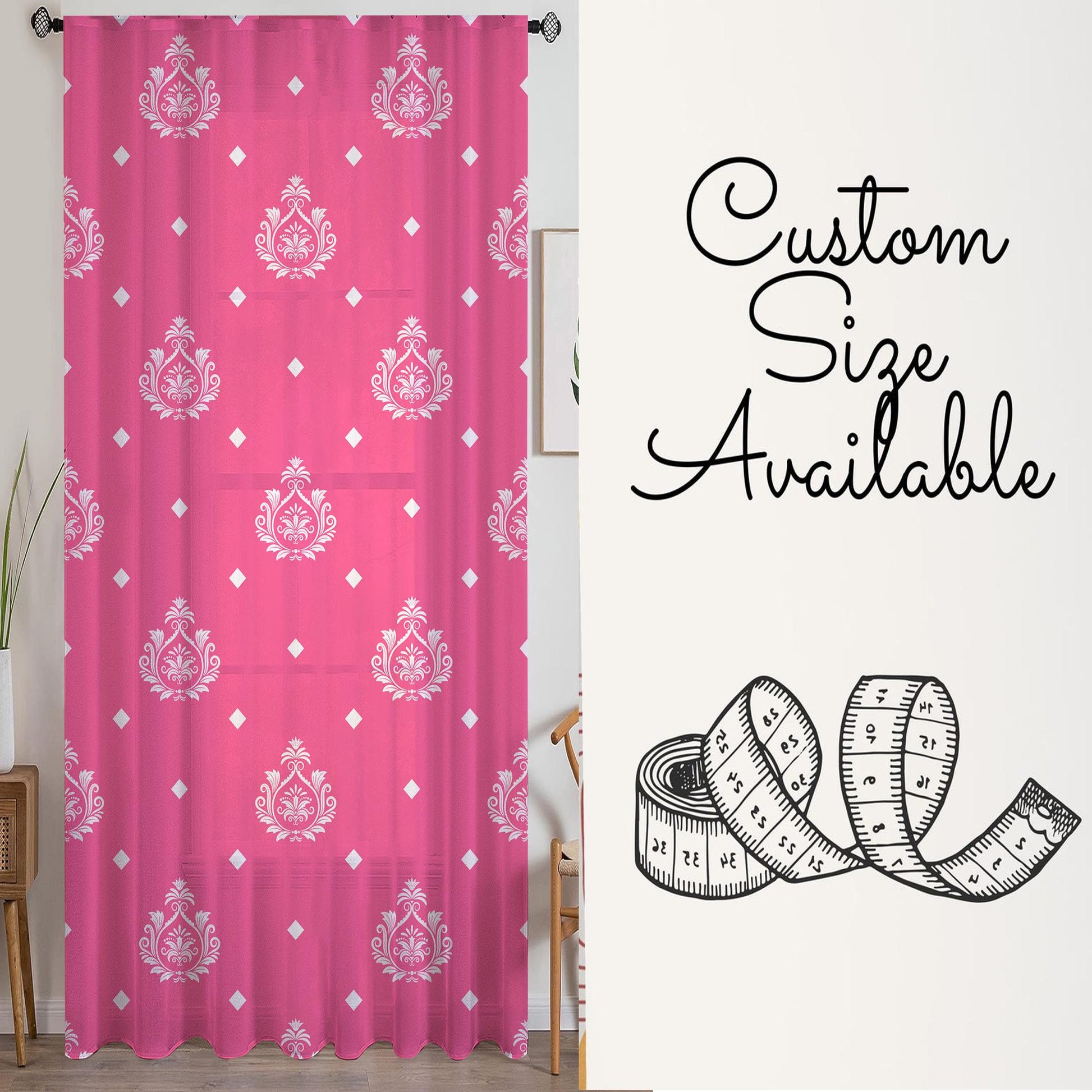 Pink White Damask Sheer Curtain for Kids Room –Girls Nursery Net Voile, Lightweight & Machine Washable - Matching Accessories