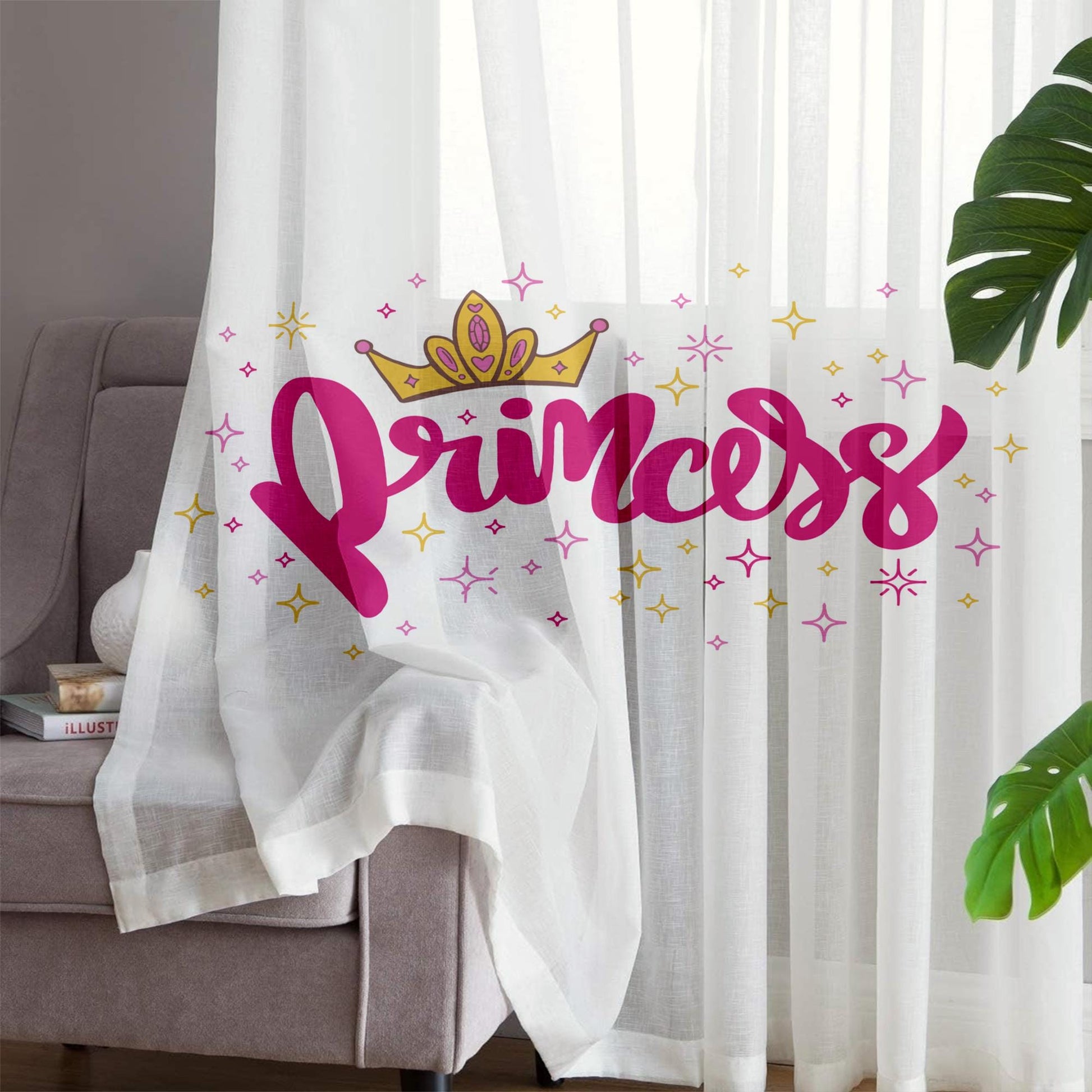 Pink White Princess Writen Sheer Curtain for Kids Room –Girls Nursery Net Voile, Lightweight & Machine Washable - Matching Accessories