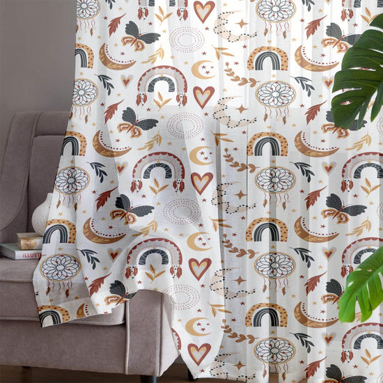 Bohemian Rainbow Hearts Sheer Curtain for Kids Room –Baby Nursery Net Voile, Lightweight & Machine Washable - Matching Accessories