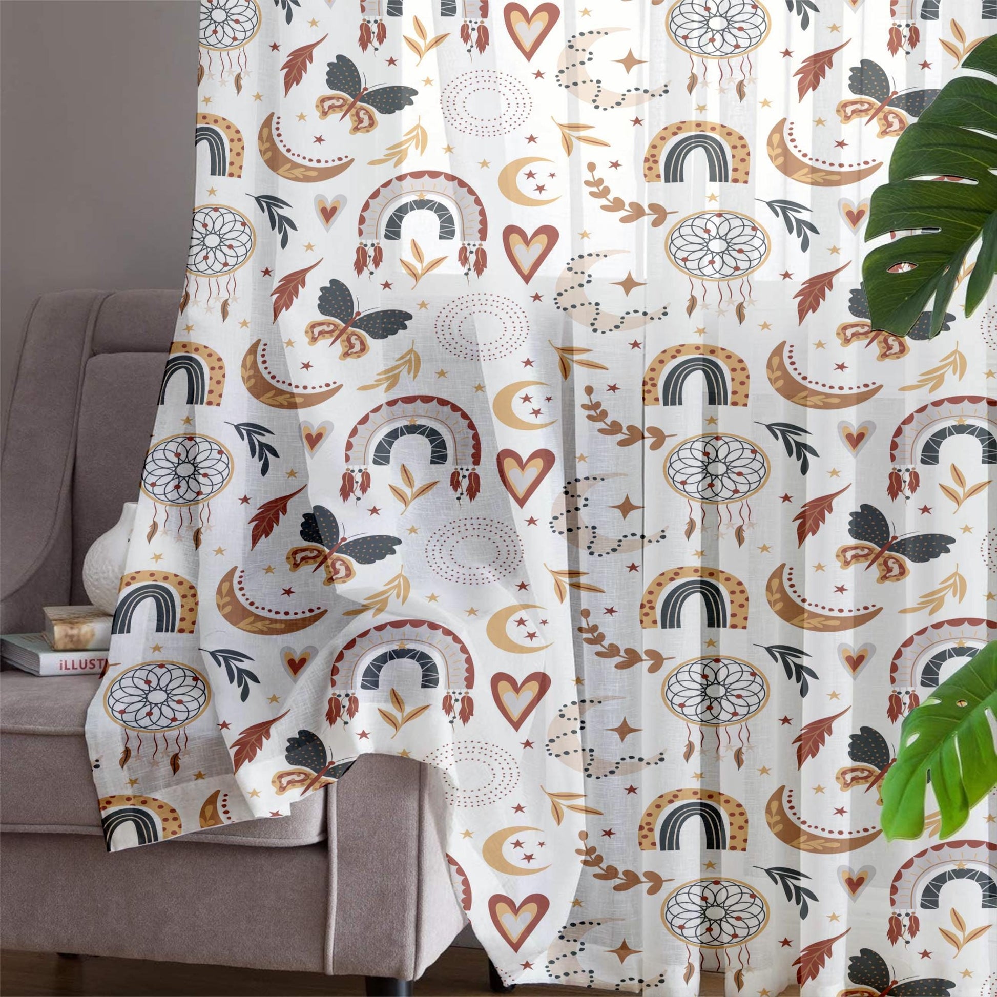Bohemian Rainbow Hearts Sheer Curtain for Kids Room –Baby Nursery Net Voile, Lightweight & Machine Washable - Matching Accessories