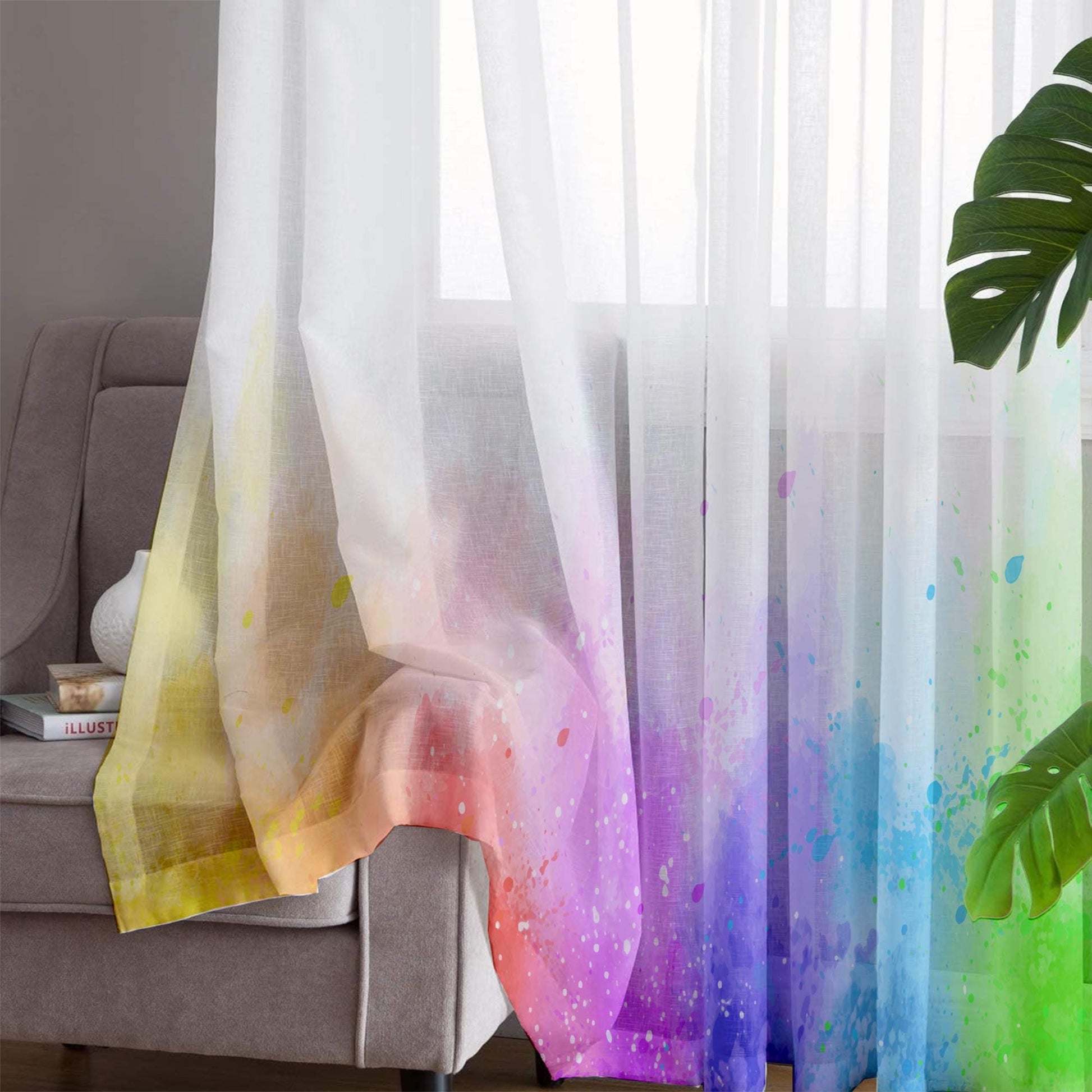 Colorful Rainbow Sheer Curtain for Girls Kids Room –Baby Nursery Net Voile, Lightweight & Machine Washable - Matching Accessories
