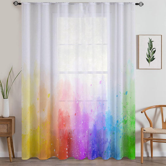 Colorful Rainbow Sheer Curtain for Girls Kids Room –Baby Nursery Net Voile, Lightweight & Machine Washable - Matching Accessories