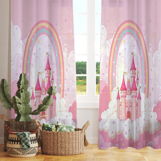 Pink Princess Castle Sheer Curtain for Girls Room, Lightweight Pink Nursery Net Voile, Kids Room Window Drapes, Machine Washable