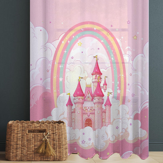 Pink Princess Castle Sheer Curtain for Girls Room, Lightweight Pink Nursery Net Voile, Kids Room Window Drapes, Machine Washable