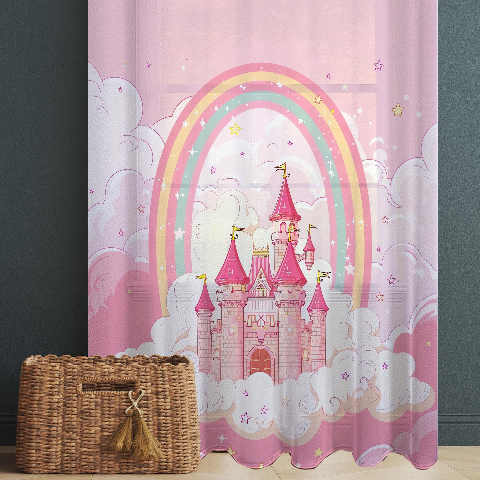 Pink Princess Castle Sheer Curtain for Girls Room, Lightweight Pink Nursery Net Voile, Kids Room Window Drapes, Machine Washable