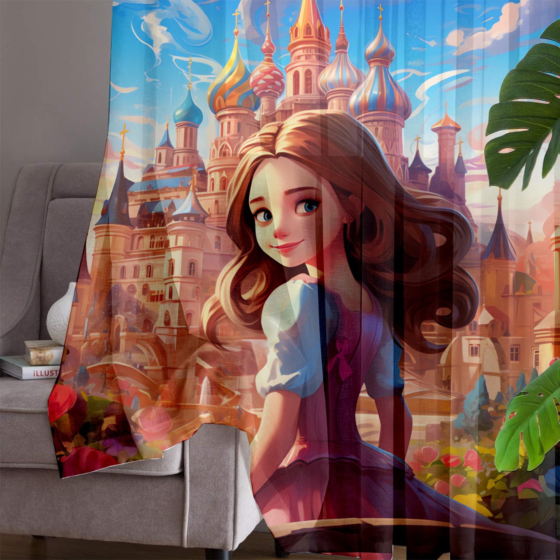 Pink Princess Castle Sheer Curtain for Girls Room, Lightweight Princess Nursery Net Voile, Kids Room Window Drapes, Machine Washable