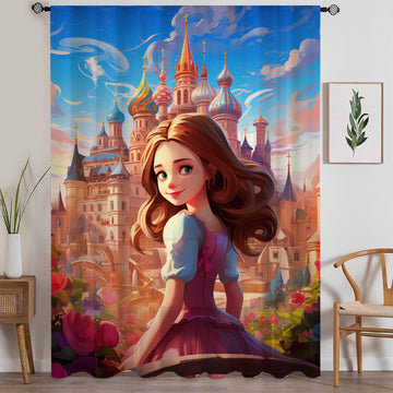 Pink Princess Castle Sheer Curtain for Girls Room, Lightweight Princess Nursery Net Voile, Kids Room Window Drapes, Machine Washable