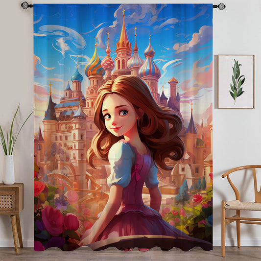 Pink Princess Castle Sheer Curtain for Girls Room, Lightweight Princess Nursery Net Voile, Kids Room Window Drapes, Machine Washable