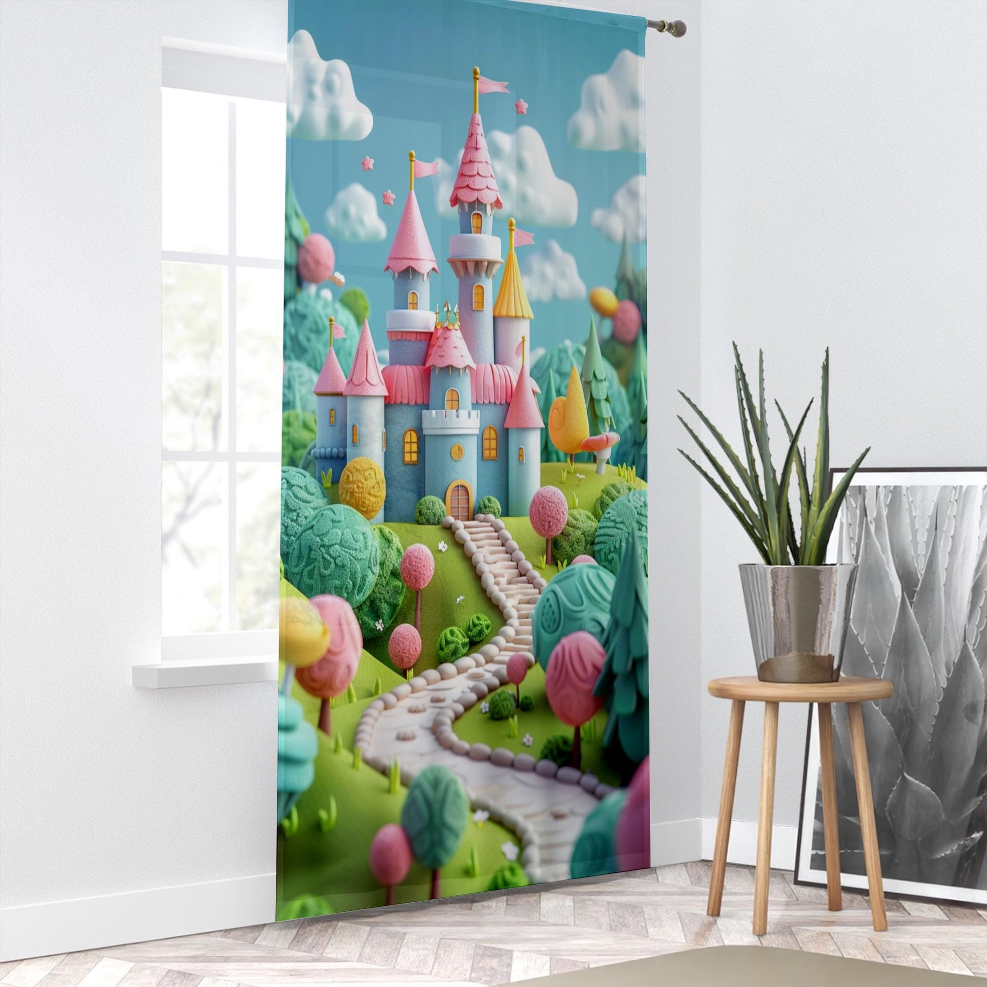 Colorful Castle Sheer Curtain for Girls Room, Lightweight Candy Town Nursery Net Voile, Kids Room Window Drapes, Machine Washable