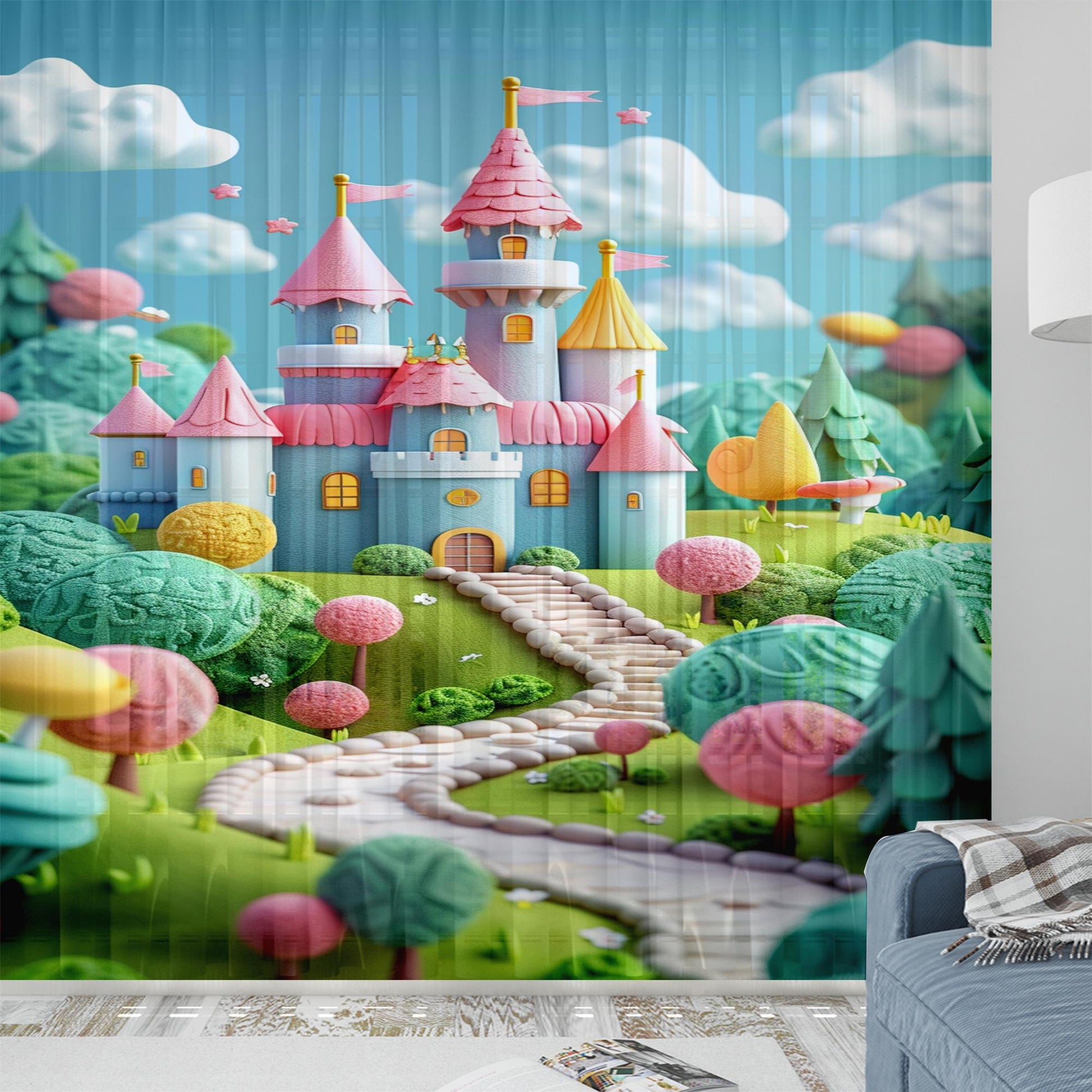 Colorful Castle Sheer Curtain for Girls Room, Lightweight Candy Town Nursery Net Voile, Kids Room Window Drapes, Machine Washable