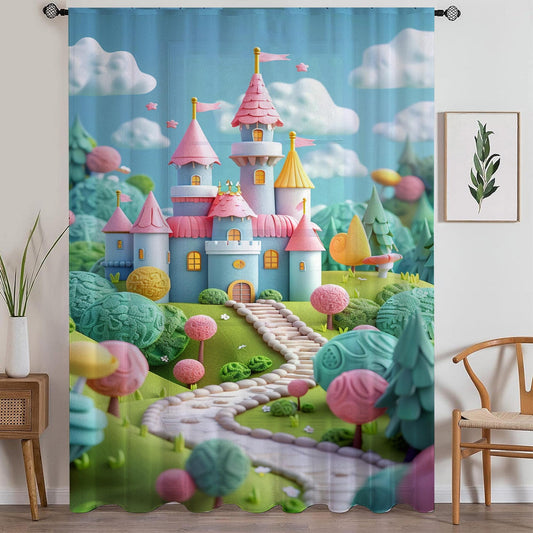 Colorful Castle Sheer Curtain for Girls Room, Lightweight Candy Town Nursery Net Voile, Kids Room Window Drapes, Machine Washable