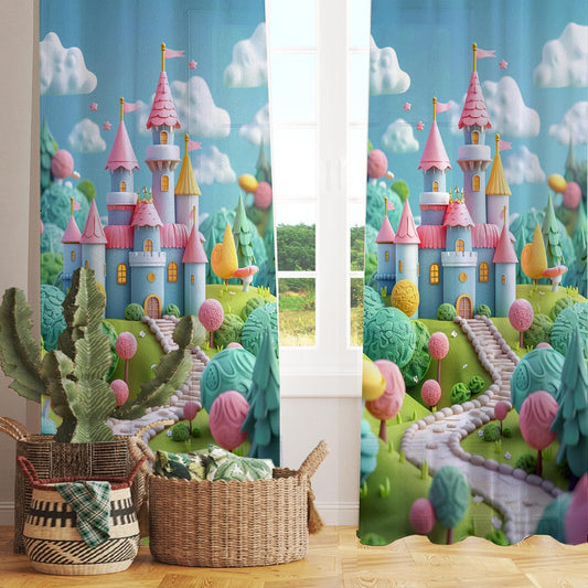 Colorful Castle Sheer Curtain for Girls Room, Lightweight Candy Town Nursery Net Voile, Kids Room Window Drapes, Machine Washable