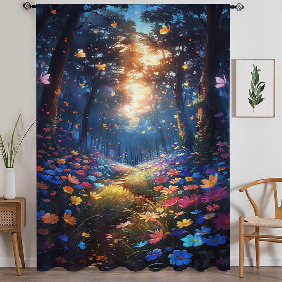Colorful Flowers Woodland Path Sheer Curtain for Girls Room, Lightweight Floral Nursery Net Voile, Kids Room Window Drapes, Machine Washable