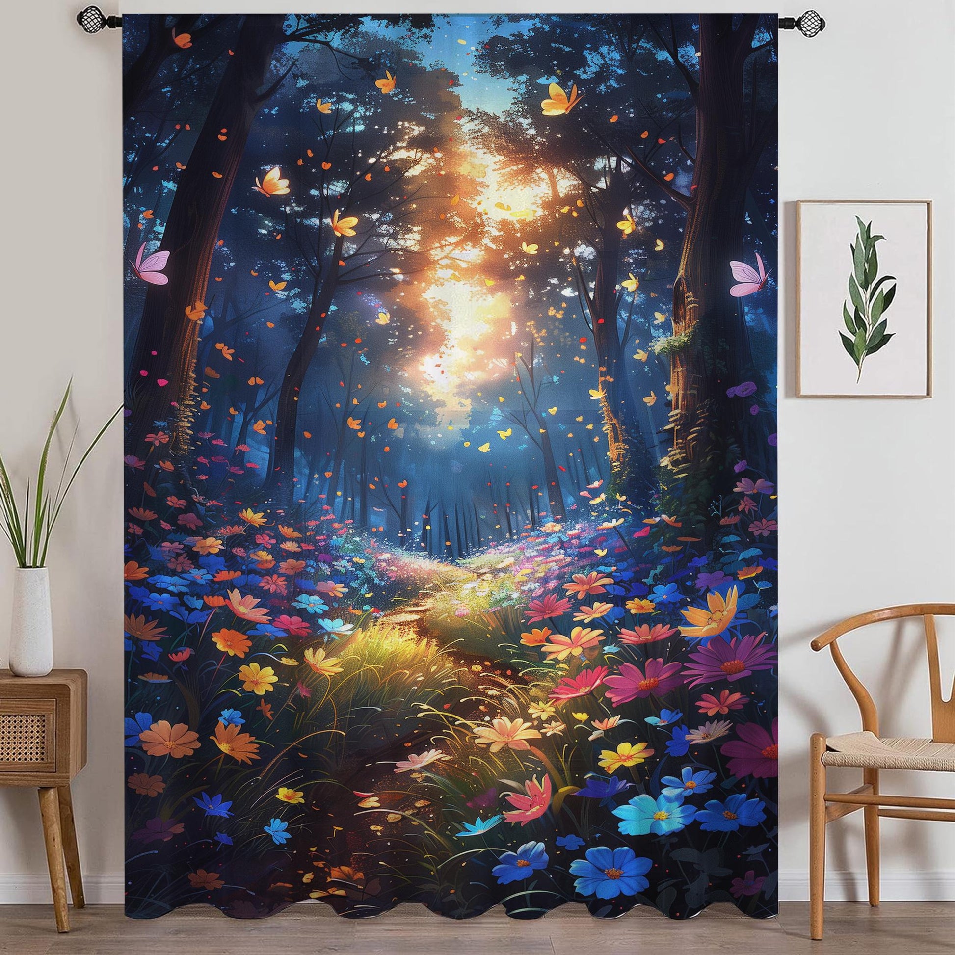 Colorful Flowers Woodland Path Sheer Curtain for Girls Room, Lightweight Floral Nursery Net Voile, Kids Room Window Drapes, Machine Washable