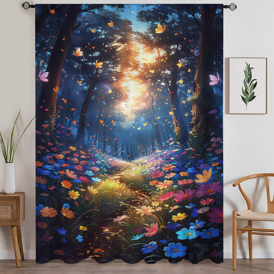 Colorful Flowers Woodland Path Sheer Curtain for Girls Room, Lightweight Floral Nursery Net Voile, Kids Room Window Drapes, Machine Washable