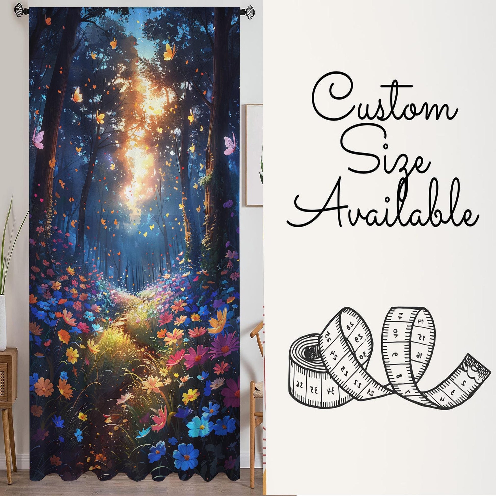 Colorful Flowers Woodland Path Sheer Curtain for Girls Room, Lightweight Floral Nursery Net Voile, Kids Room Window Drapes, Machine Washable