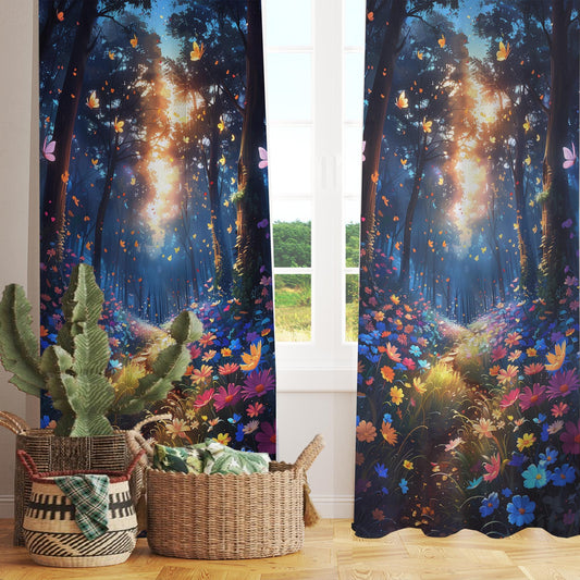Colorful Flowers Woodland Path Sheer Curtain for Girls Room, Lightweight Floral Nursery Net Voile, Kids Room Window Drapes, Machine Washable