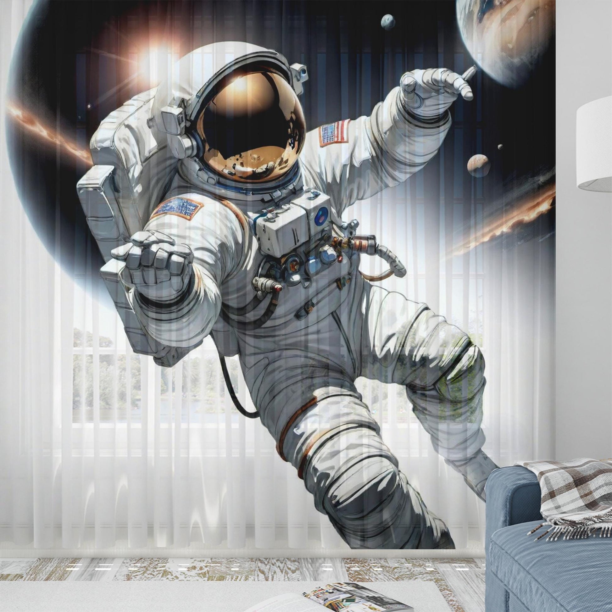 Astronaut Space Sheer Curtain for Girls Room, Lightweight Spaceman Nursery Net Voile, Kids Room Window Drapes, Machine Washable