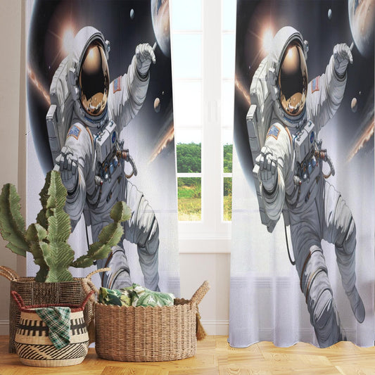 Astronaut Space Sheer Curtain for Girls Room, Lightweight Spaceman Nursery Net Voile, Kids Room Window Drapes, Machine Washable