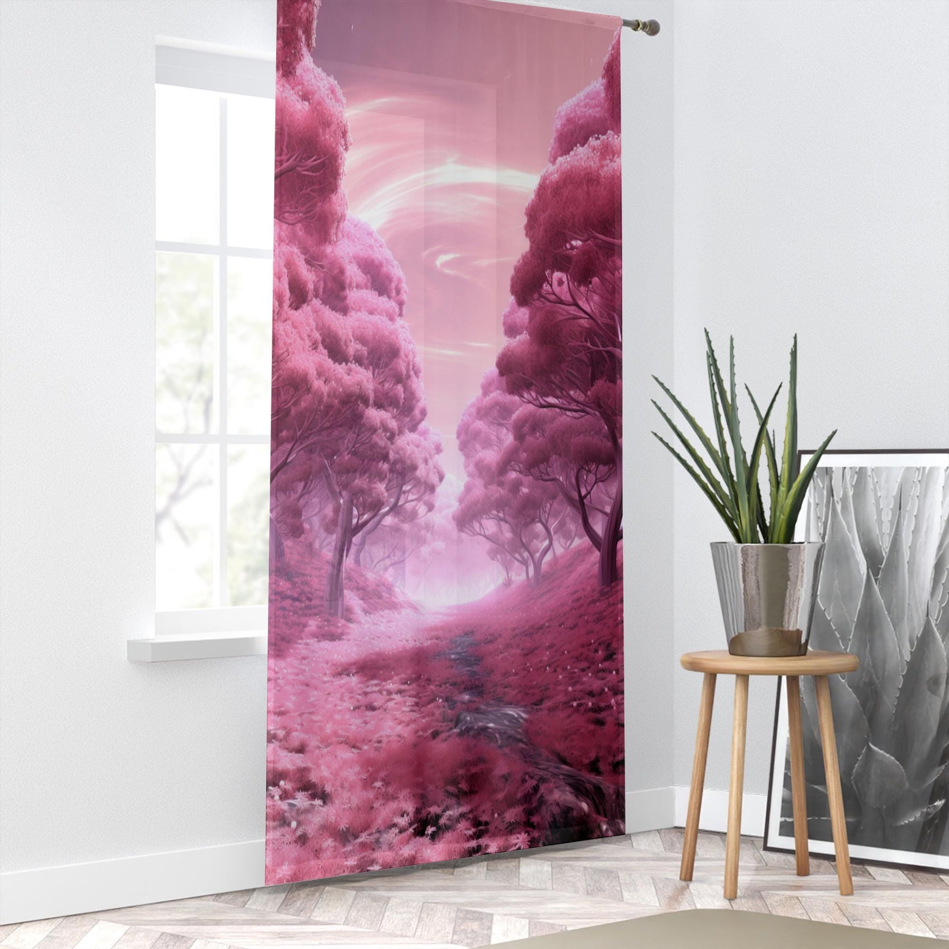 Pink Trees Forest Path Sheer Curtain for Girls Room, Lightweight Floral Nursery Net Voile, Kids Room Window Drapes, Machine Washable