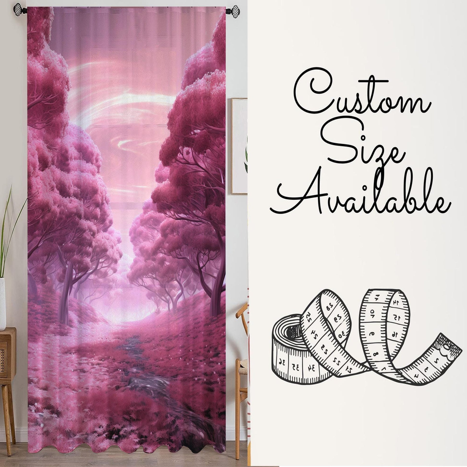 Pink Trees Forest Path Sheer Curtain for Girls Room, Lightweight Floral Nursery Net Voile, Kids Room Window Drapes, Machine Washable