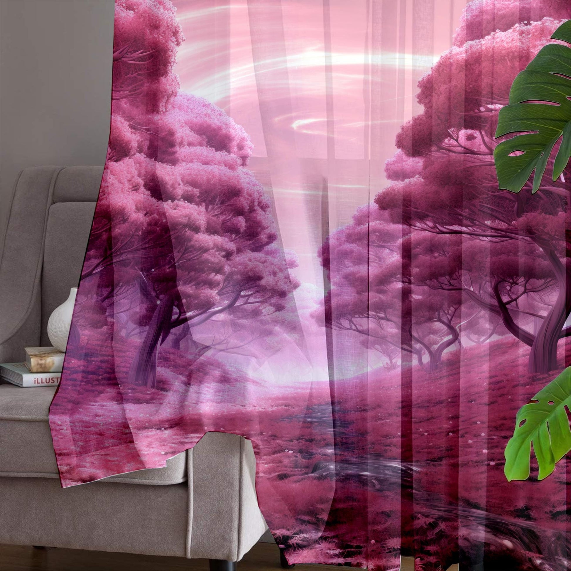 Pink Trees Forest Path Sheer Curtain for Girls Room, Lightweight Floral Nursery Net Voile, Kids Room Window Drapes, Machine Washable