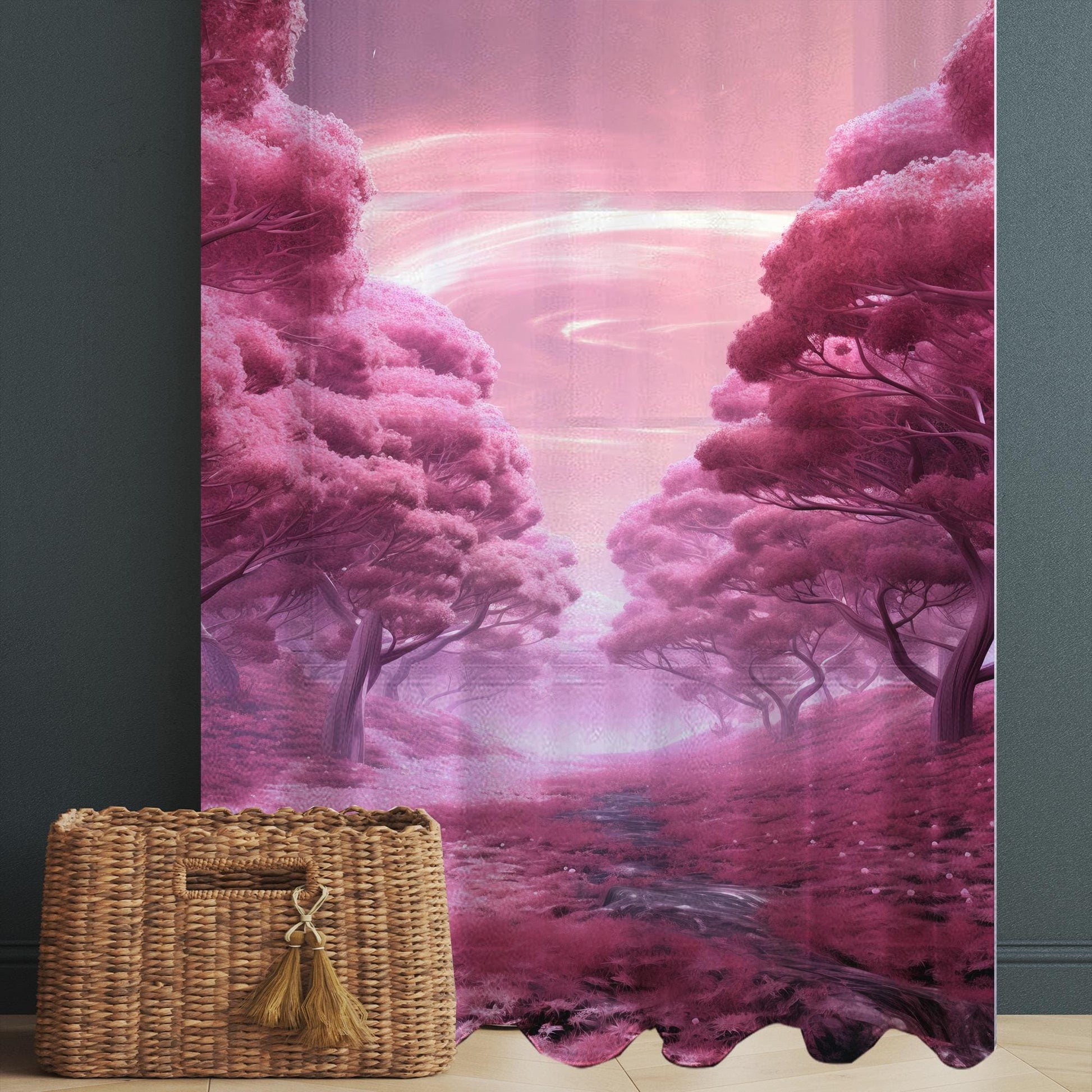 Pink Trees Forest Path Sheer Curtain for Girls Room, Lightweight Floral Nursery Net Voile, Kids Room Window Drapes, Machine Washable
