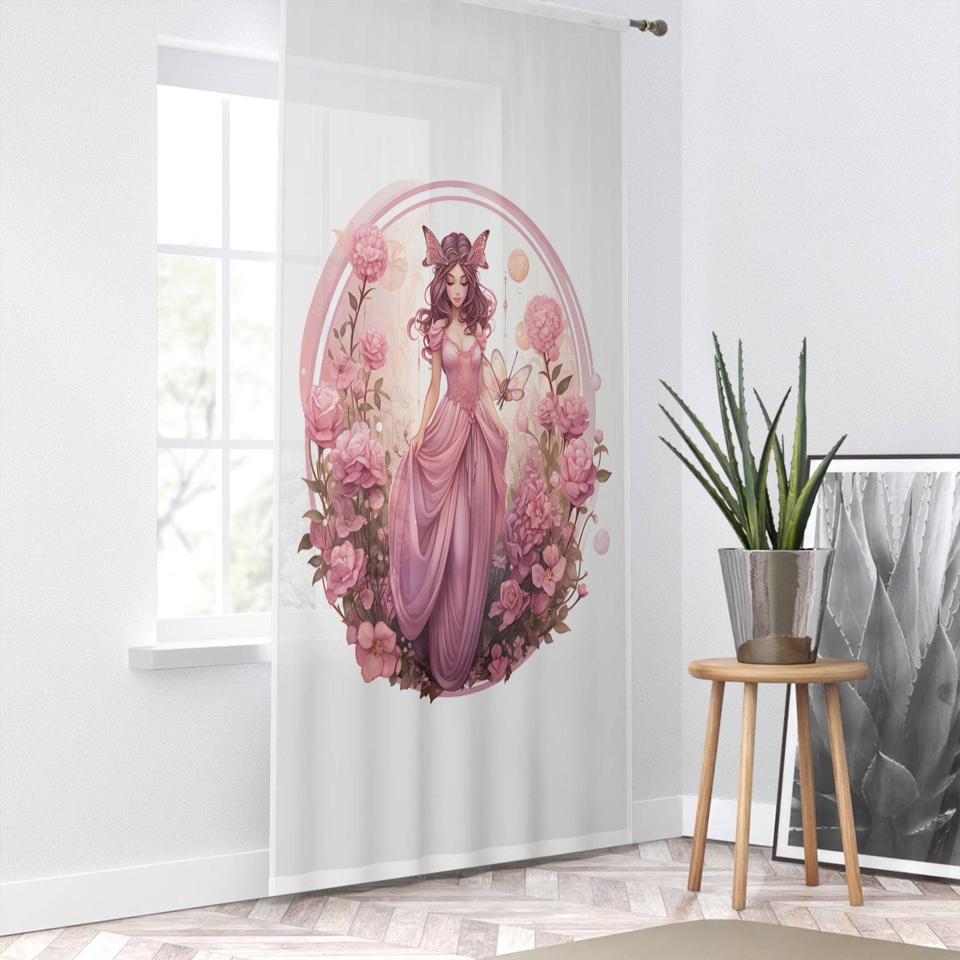 Fairy Princess Flowers Pink Sheer Curtain for Girls Room, Lightweight Floral Nursery Net Voile, Kids Room Window Drapes, Machine Washable