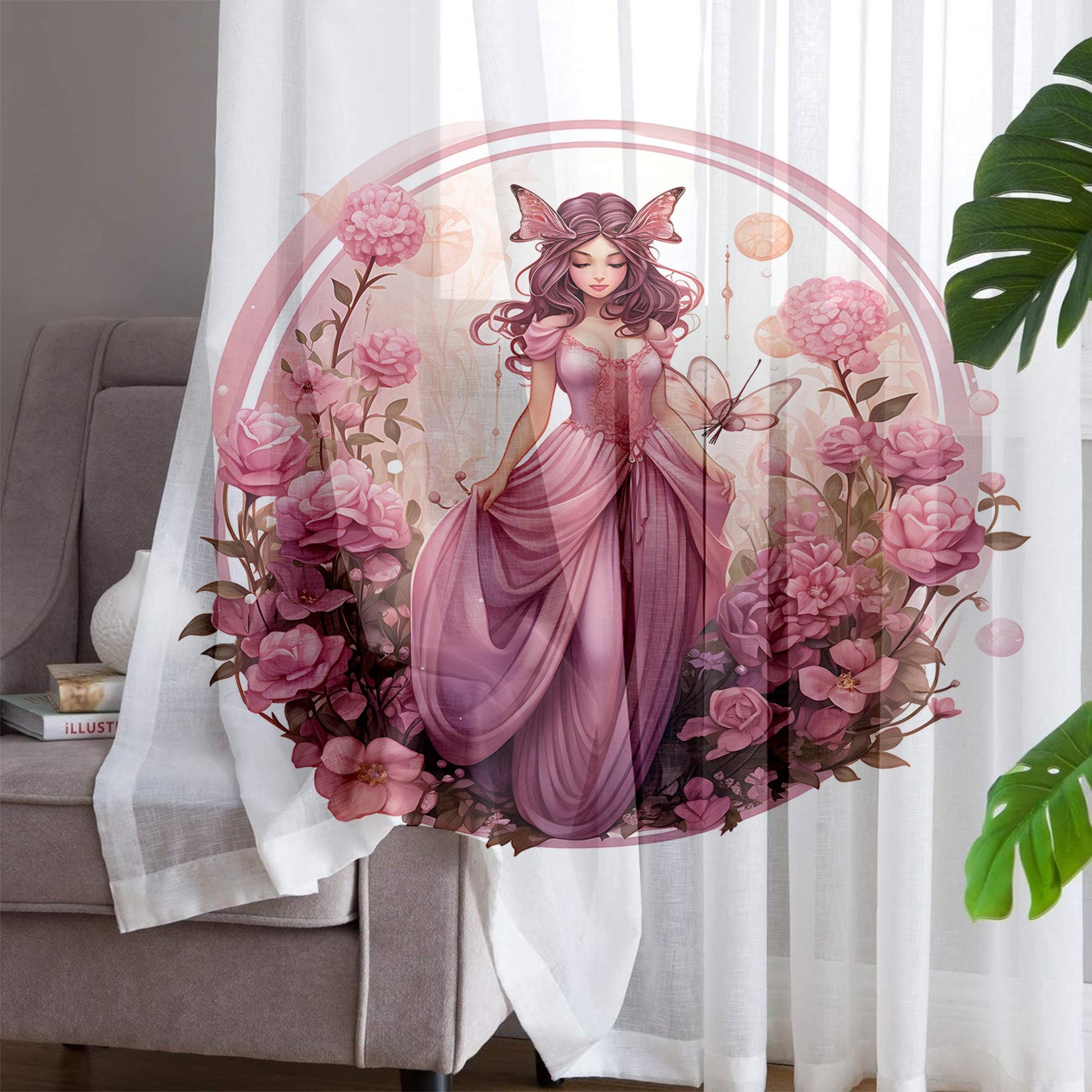 Fairy Princess Flowers Pink Sheer Curtain for Girls Room, Lightweight Floral Nursery Net Voile, Kids Room Window Drapes, Machine Washable