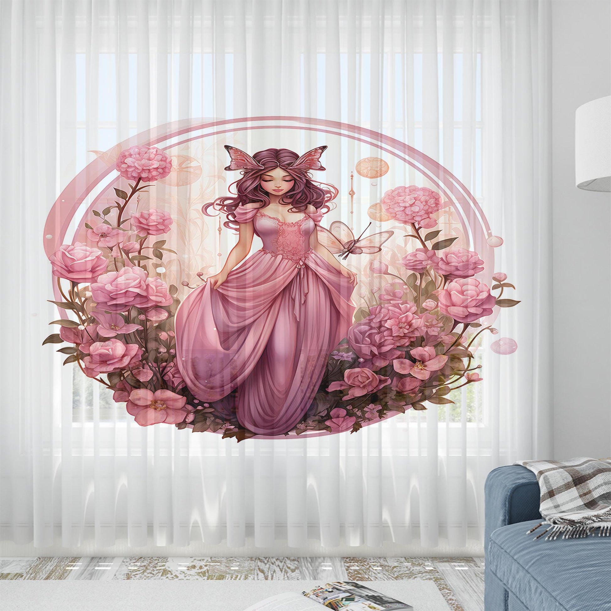 Fairy Princess Flowers Pink Sheer Curtain for Girls Room, Lightweight Floral Nursery Net Voile, Kids Room Window Drapes, Machine Washable