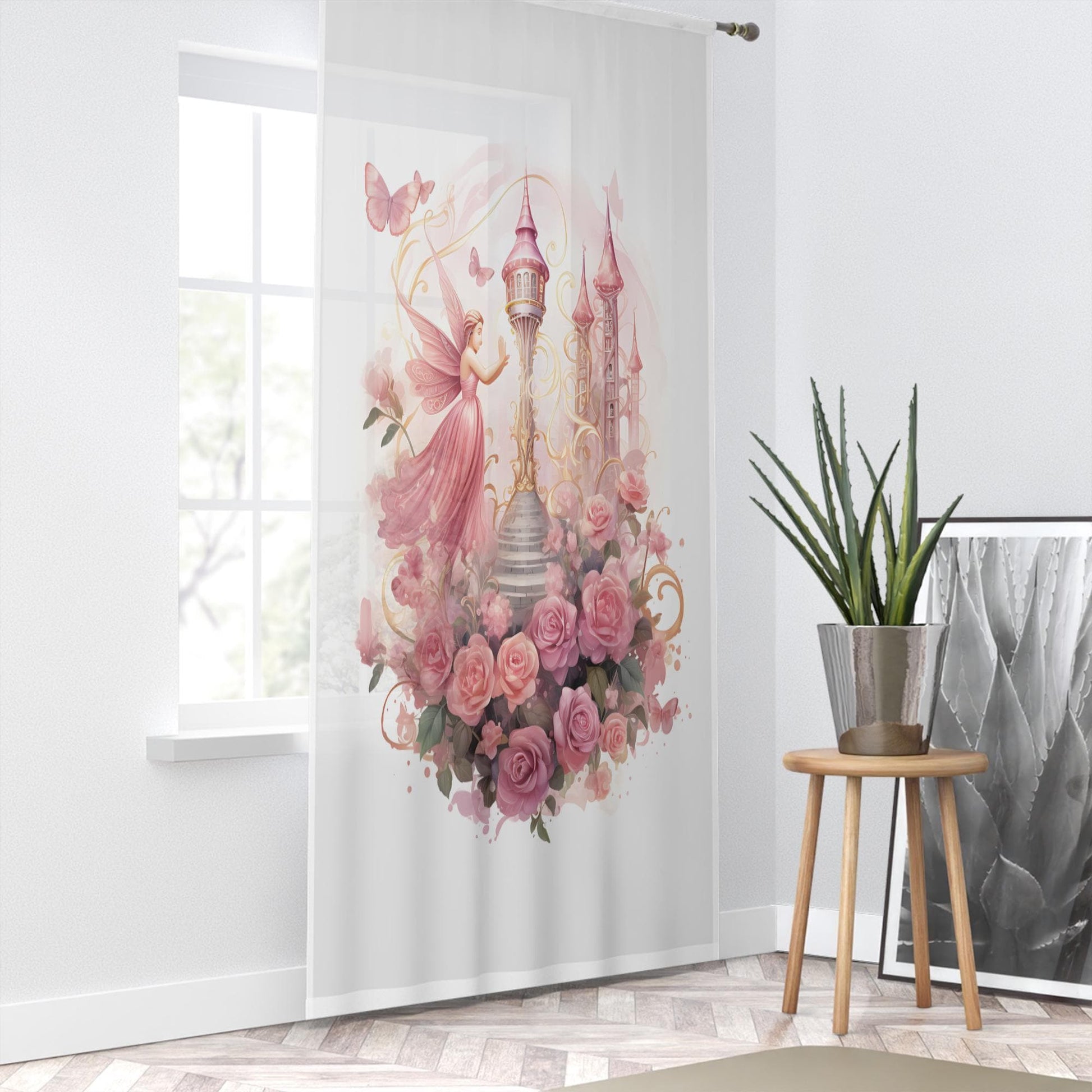 Fairy Princess Floral Pink Sheer Curtain for Girls Room, Lightweight Flowers Nursery Net Voile, Kids Room Window Drapes, Machine Washable