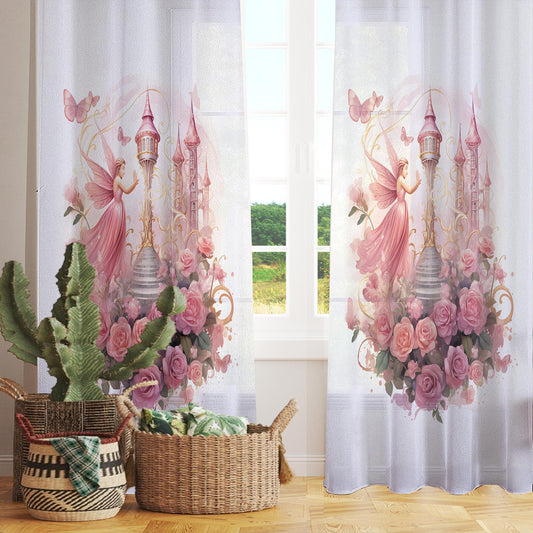 Fairy Princess Floral Pink Sheer Curtain for Girls Room, Lightweight Flowers Nursery Net Voile, Kids Room Window Drapes, Machine Washable