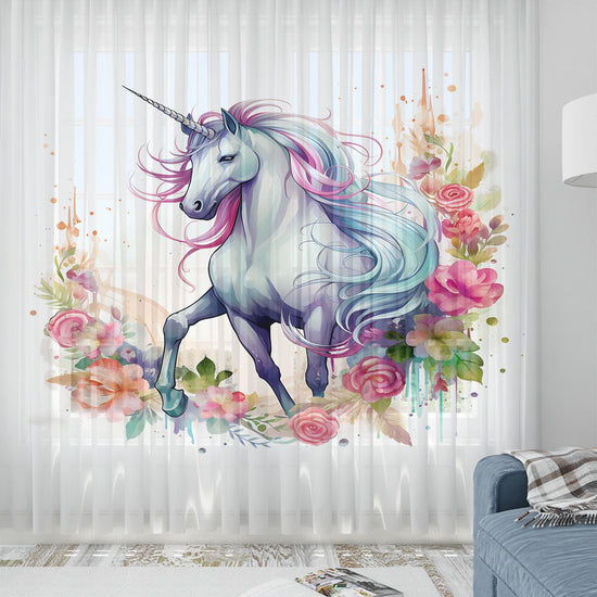 Unicorn Curtains Flower Sheer Curtain for Girls Room, Lightweight Animal Floral Nursery Net Voile, Kids Room Window Drapes, Machine Washable