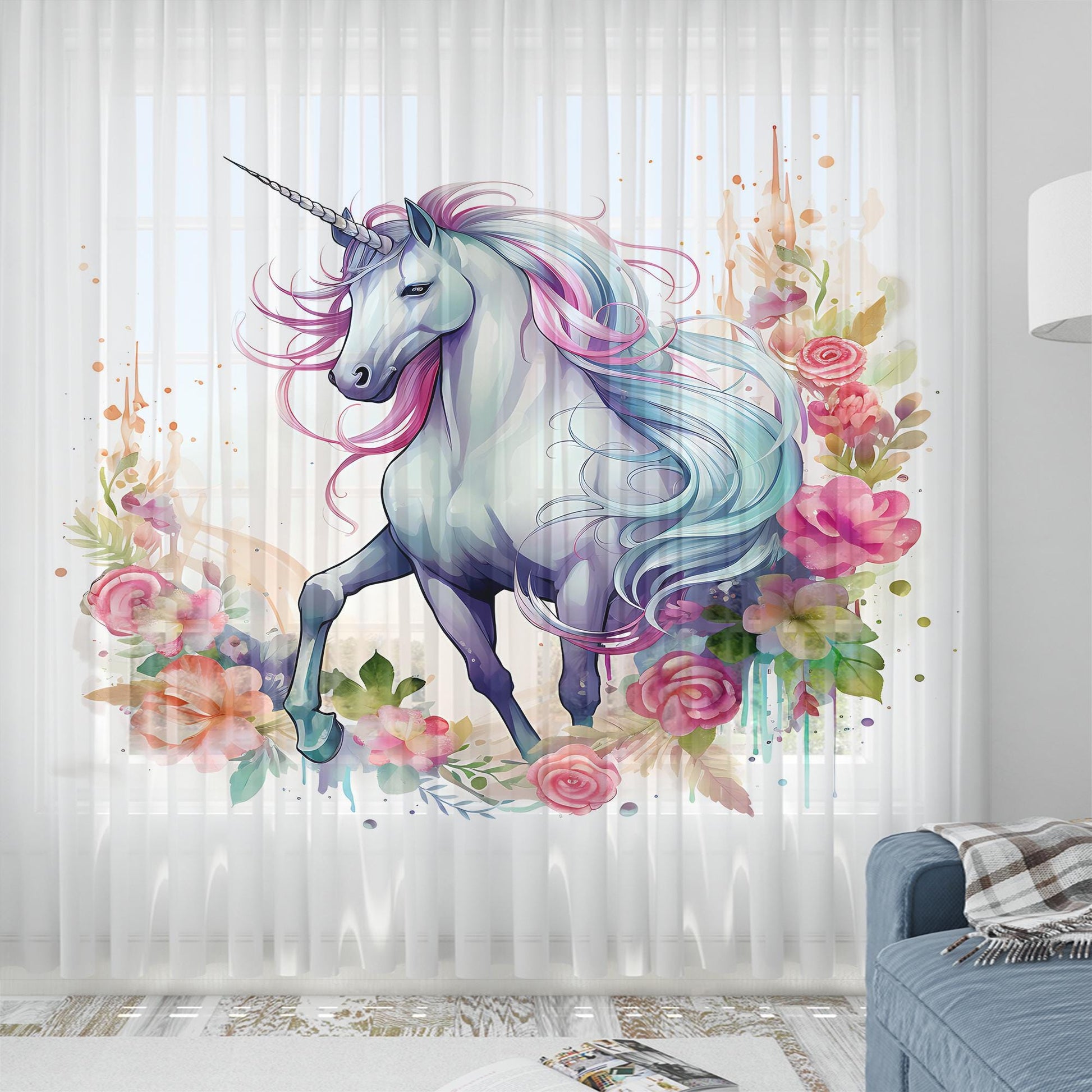 Unicorn Curtains Flower Sheer Curtain for Girls Room, Lightweight Animal Floral Nursery Net Voile, Kids Room Window Drapes, Machine Washable