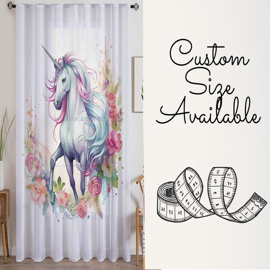 Unicorn Curtains Flower Sheer Curtain for Girls Room, Lightweight Animal Floral Nursery Net Voile, Kids Room Window Drapes, Machine Washable