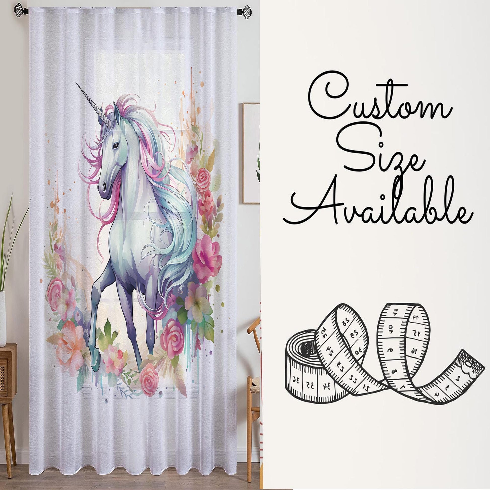 Unicorn Curtains Flower Sheer Curtain for Girls Room, Lightweight Animal Floral Nursery Net Voile, Kids Room Window Drapes, Machine Washable